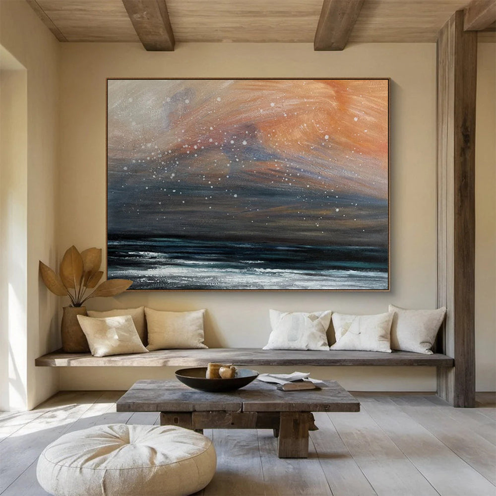 Orange and Gray Starry Shore “Dusk Sky Beach” Painting On Canvas DKH110