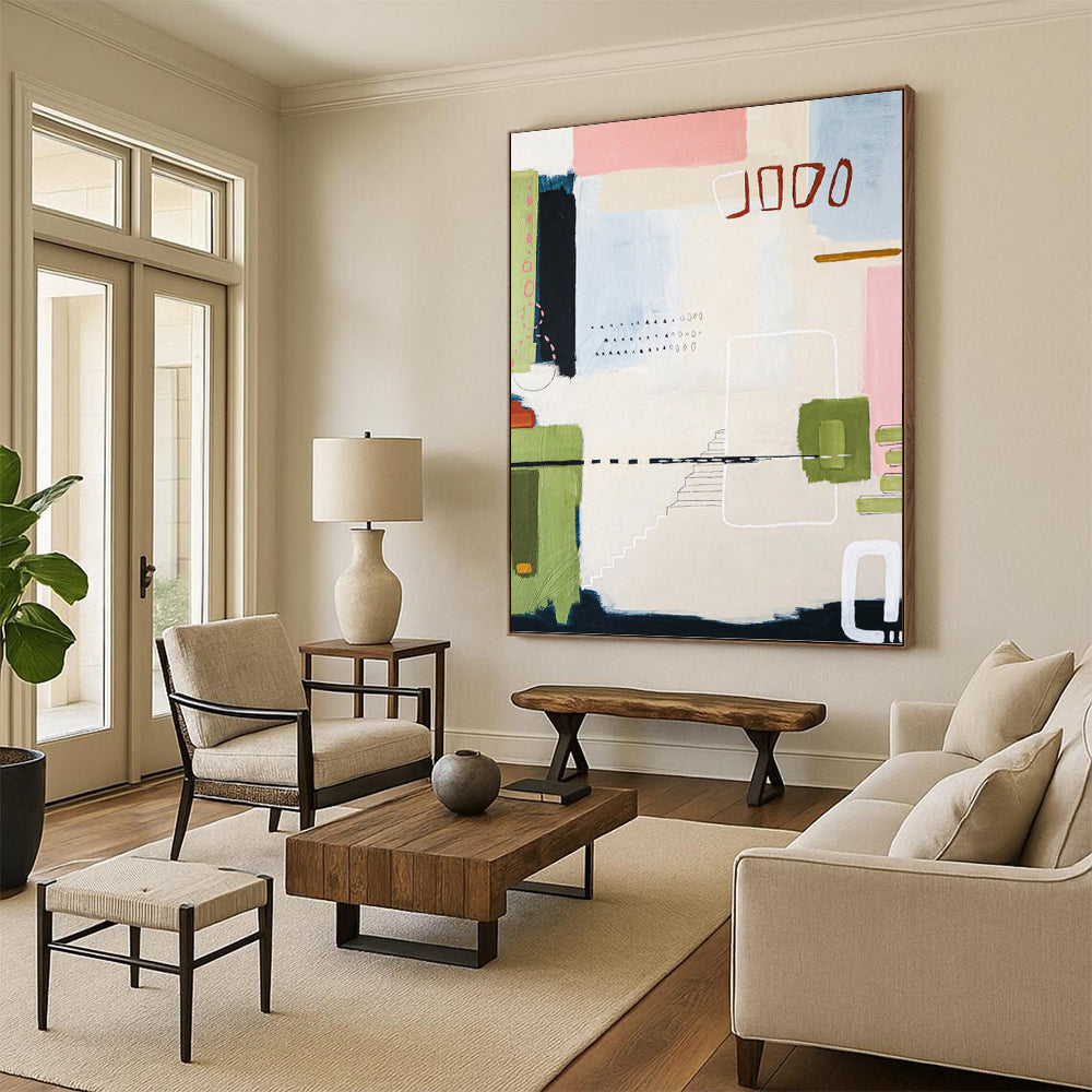 “Pastel - Colored Abstract with Geometric and Dotted Details” - Whimsical Abstract Painting On Canvas DKH1109