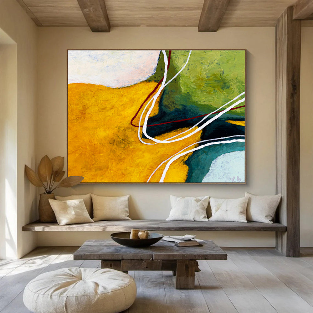 “Yellow - Green with Curved Lines” Abstract Acrylic Painting On Canvas DKH551