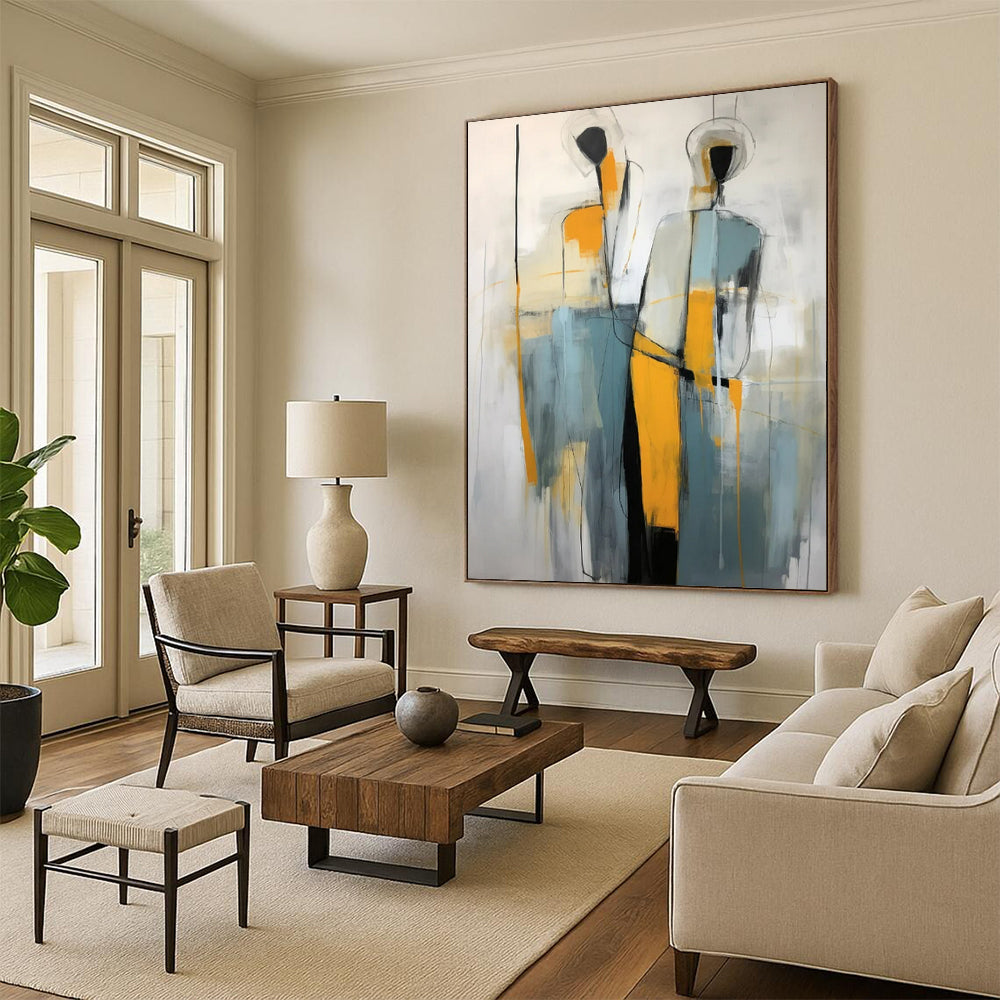 “Abstract Figures” - Gray, Orange & Blue Abstract Painting On Canvas CT2232