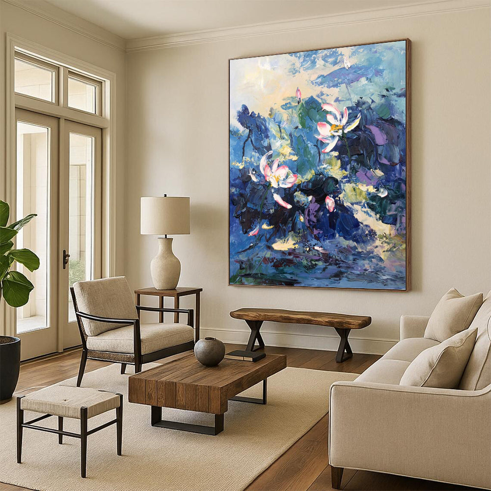 Impasto Lotus in Blue Hues - Impressionistic Floral Painting On Canvas DKH1298
