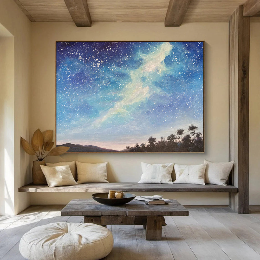 Deep Blue Starry Sky and Silhouetted Trees “Celestial Forest Vistas” Painting On Canvas DKH114