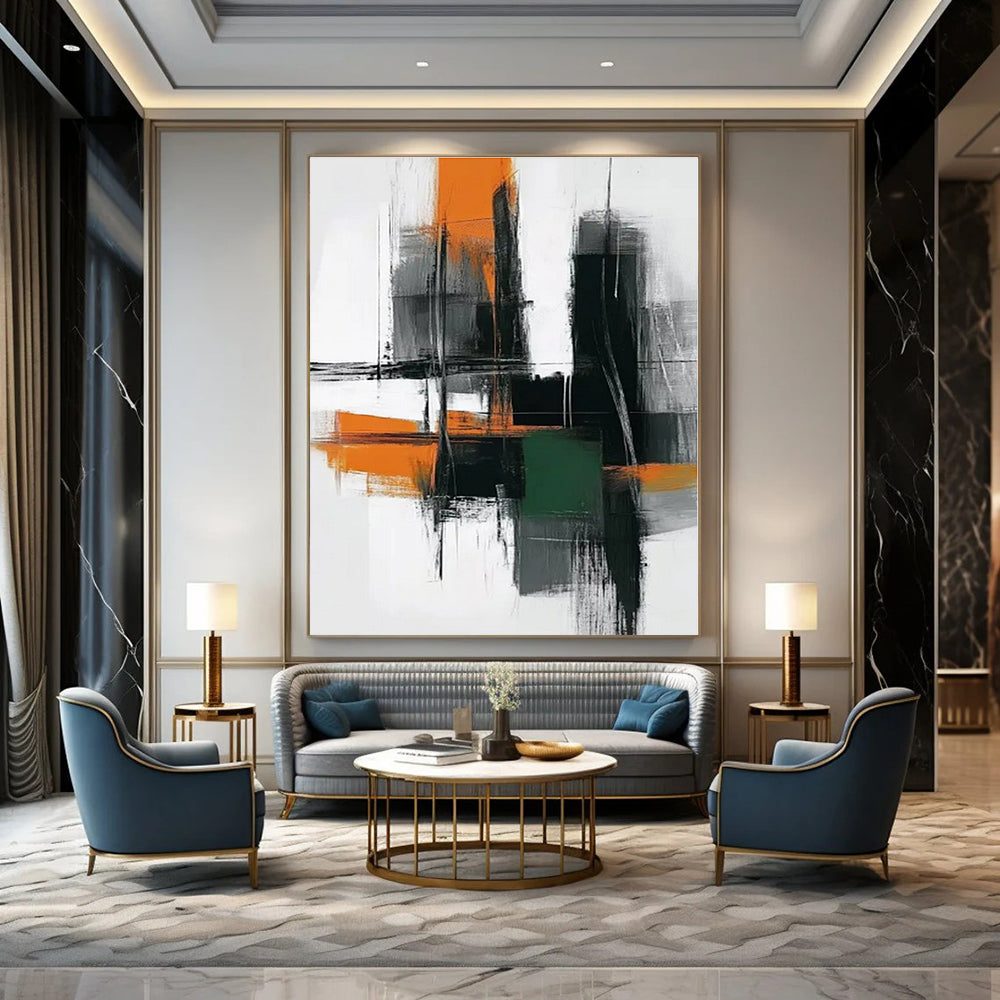 Urban Blocks: Orange, Grey & Green - Abstract Cityscape Acrylic CT1244