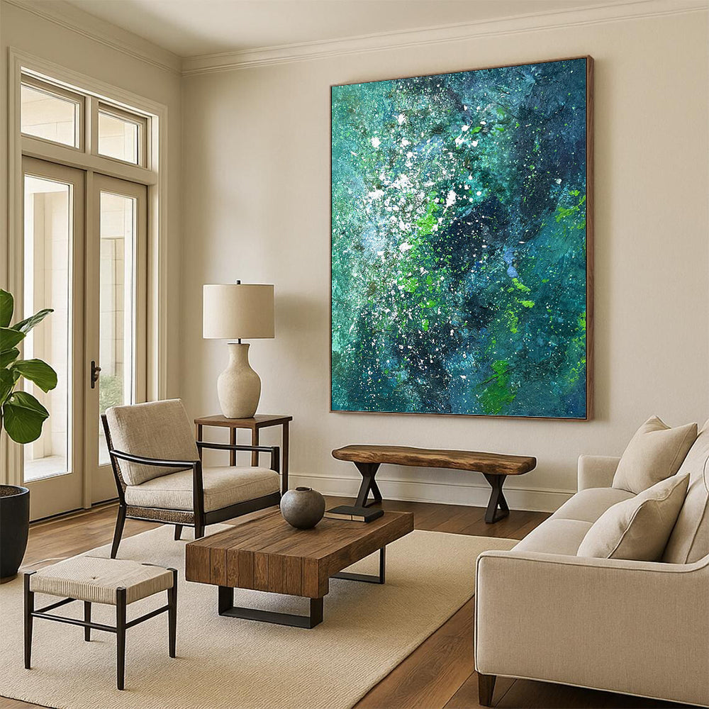 “Teal & Green Abstract Galaxy” - Teal, Green & White Cosmic - Inspired Painting On Canvas DKH1029