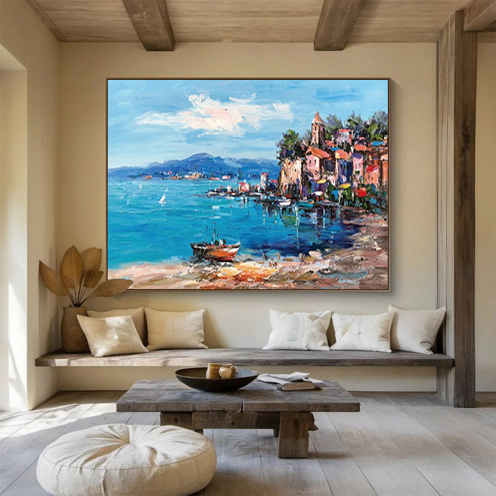 Colorful Coastal Village - Impressionist Seascape Painting On Canvas DLZ230
