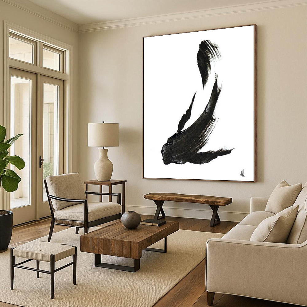 “Ink - Black Fish Silhouette” - Minimalist Ink Painting On Canvas DTP181