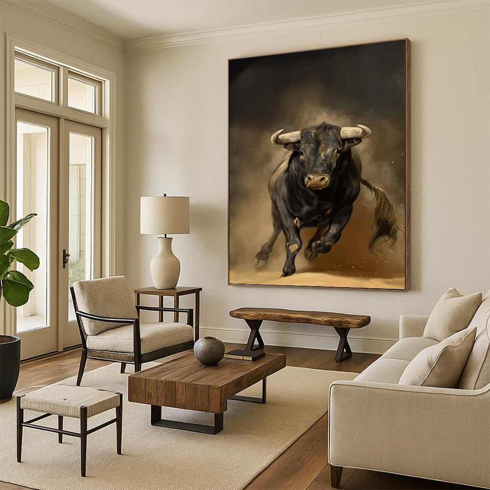 Charging Black Bull in Earthy Tones - Wildlife Painting On Canvas DKH1409