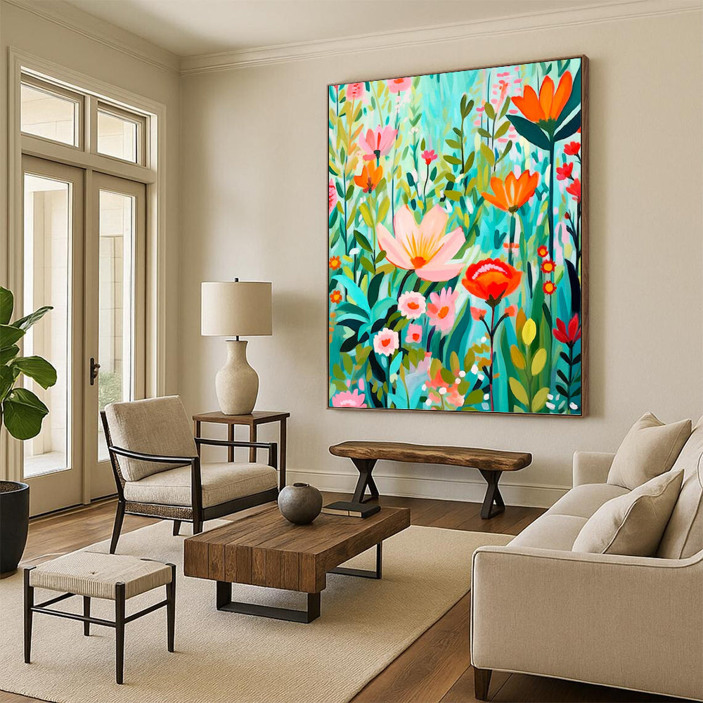 “Flat - Style Floral Field” - Colorful Flat - Design Floral Field Painting On Canvas DKH1595