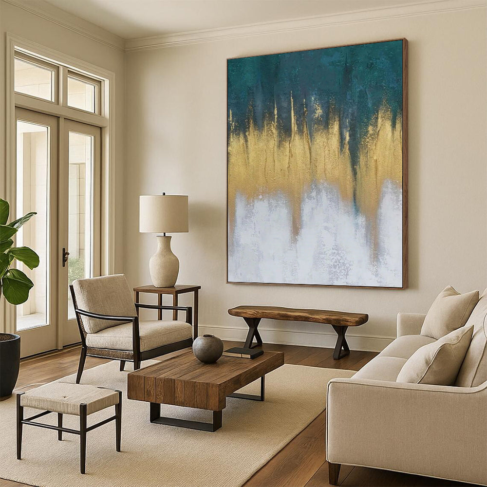 “Teal - Gold - White Abstract Drips” Painting On Canvas DKH1235