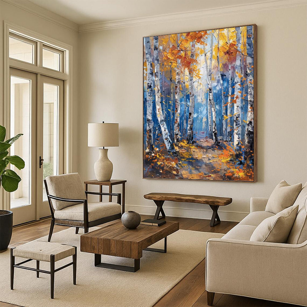 Autumn Birch Forest in Gold and Blue - Landscape Painting On Canvas DKH1406