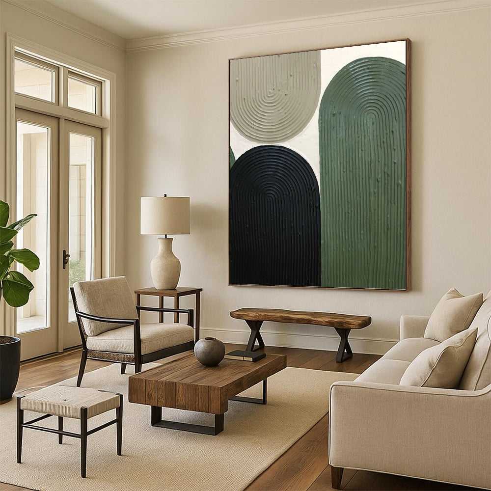 “Nature's Arches” - Beige, Black & Green Ribbed Shapes Painting On Canvas DKH1167