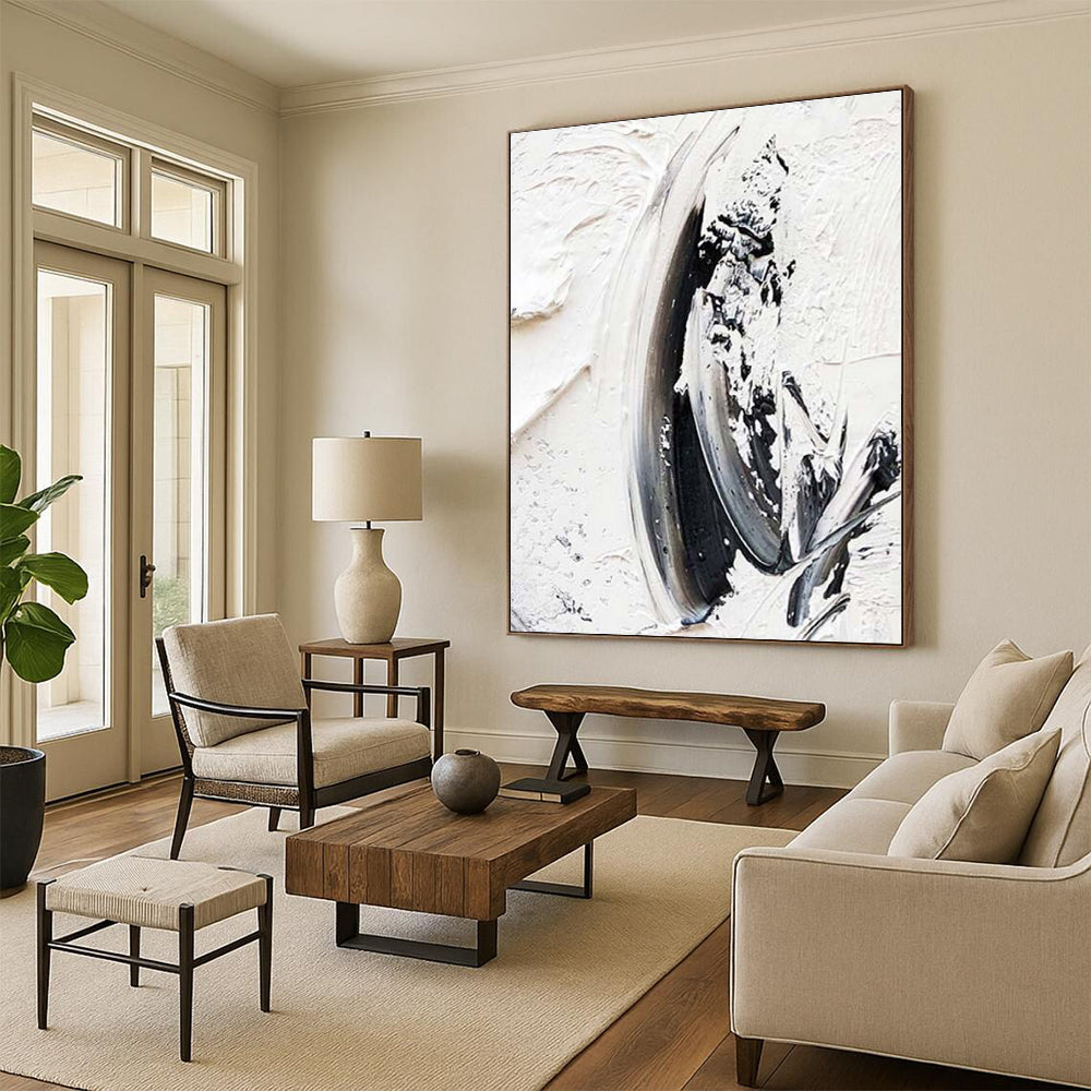 “Monochrome Drama, Thick Black - White Textures” - “Shadow Play”,Textured Acrylic Painting CT0701