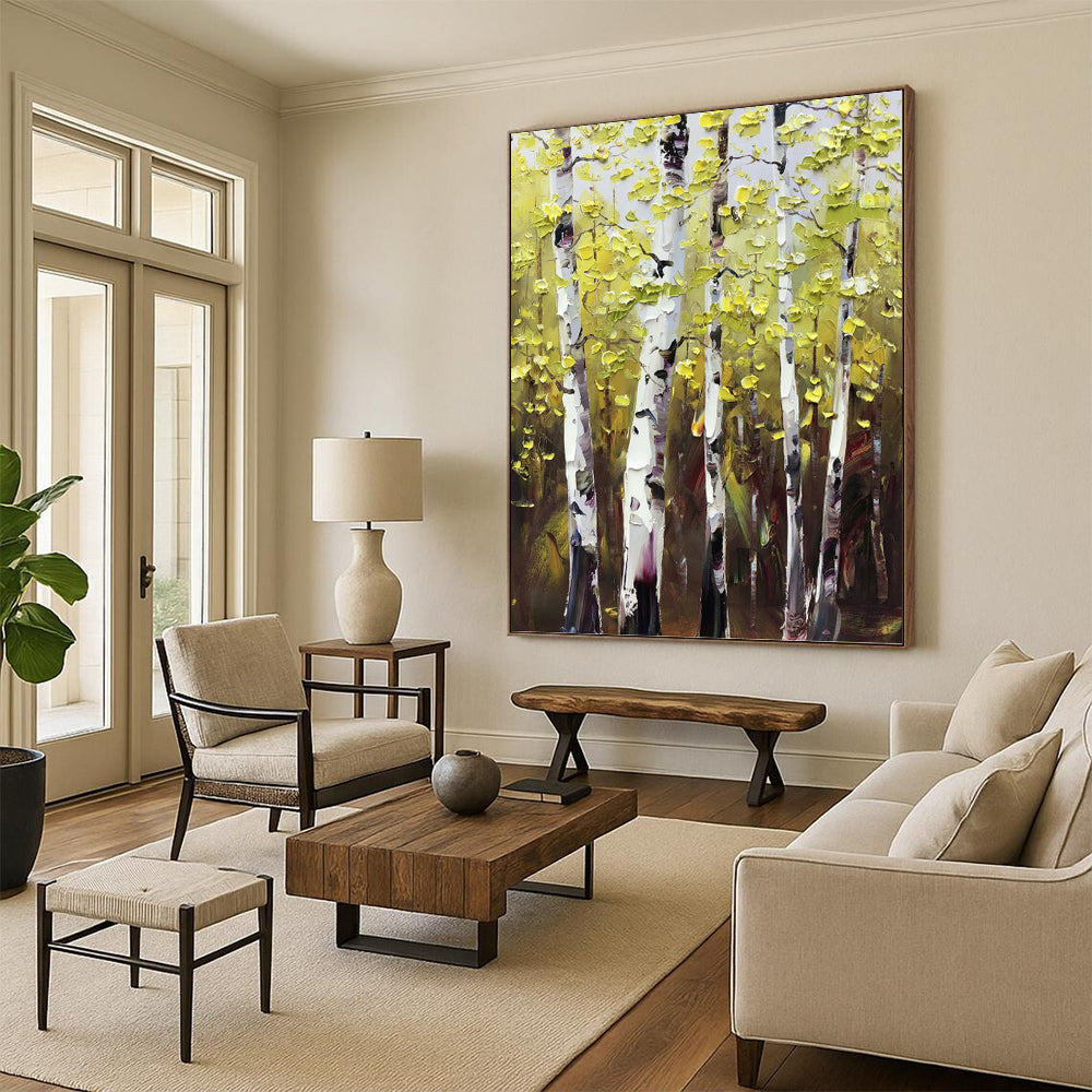 Sunlit Birch Forest in Green and Yellow - Landscape Painting On Canvas DKH1282