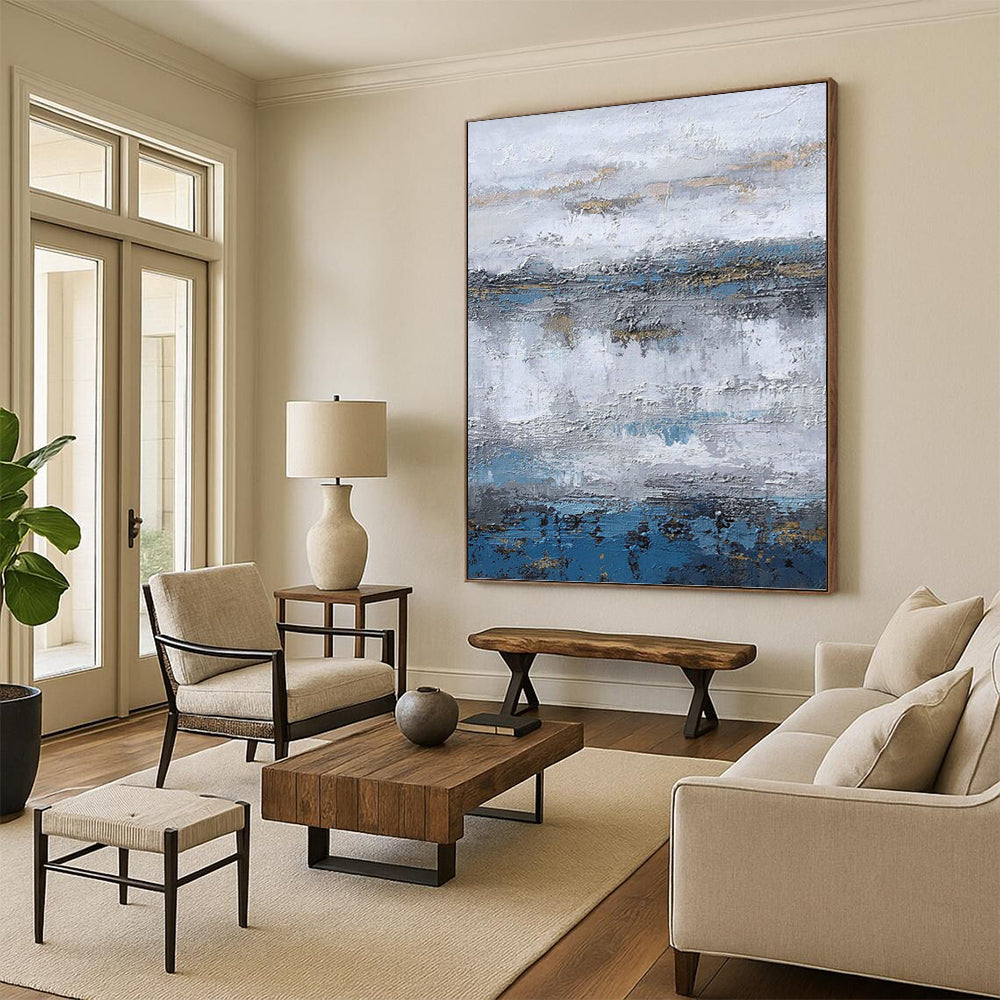 “Gray - Blue - Gold Textured Abstract Landscape” Painting On Canvas DKH1226