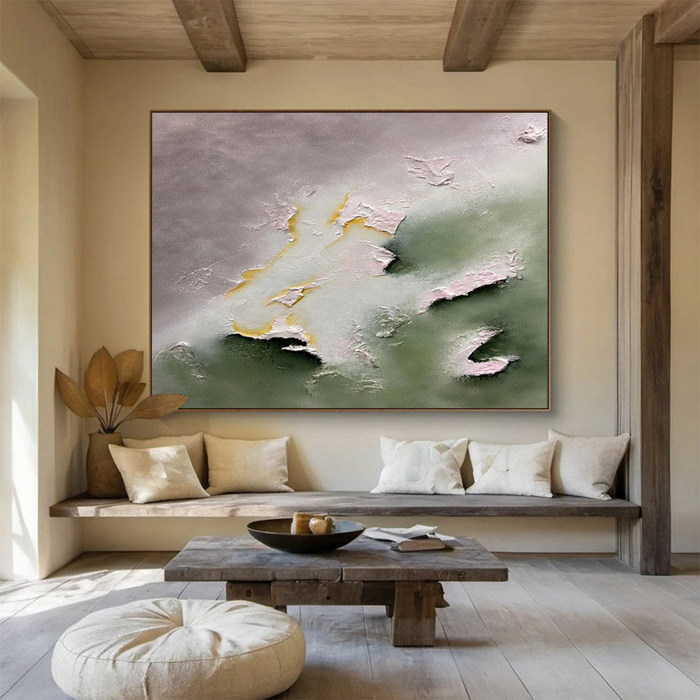 Pastel Textured Clouds - Gray, Green & Yellow Abstract Painting On Canvas DKH918