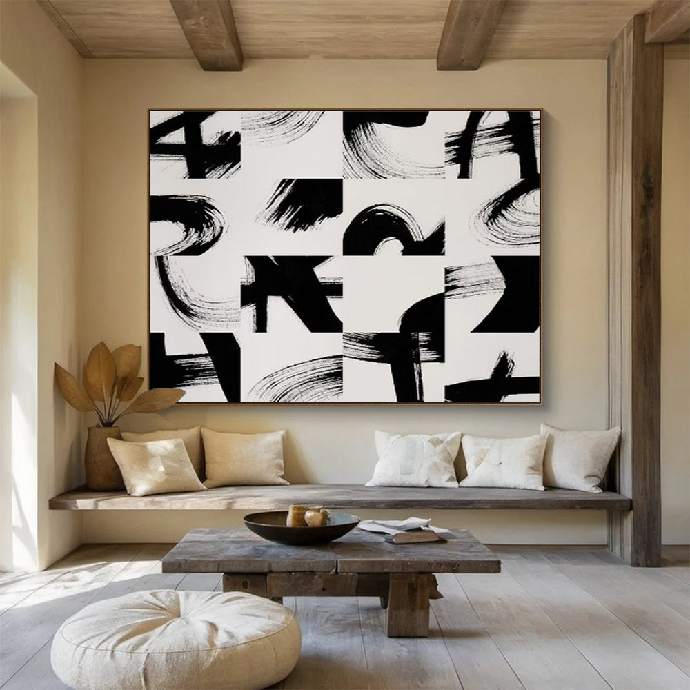“Black - White Brush Strokes” Abstract Minimalist Painting On Canvas DKH447