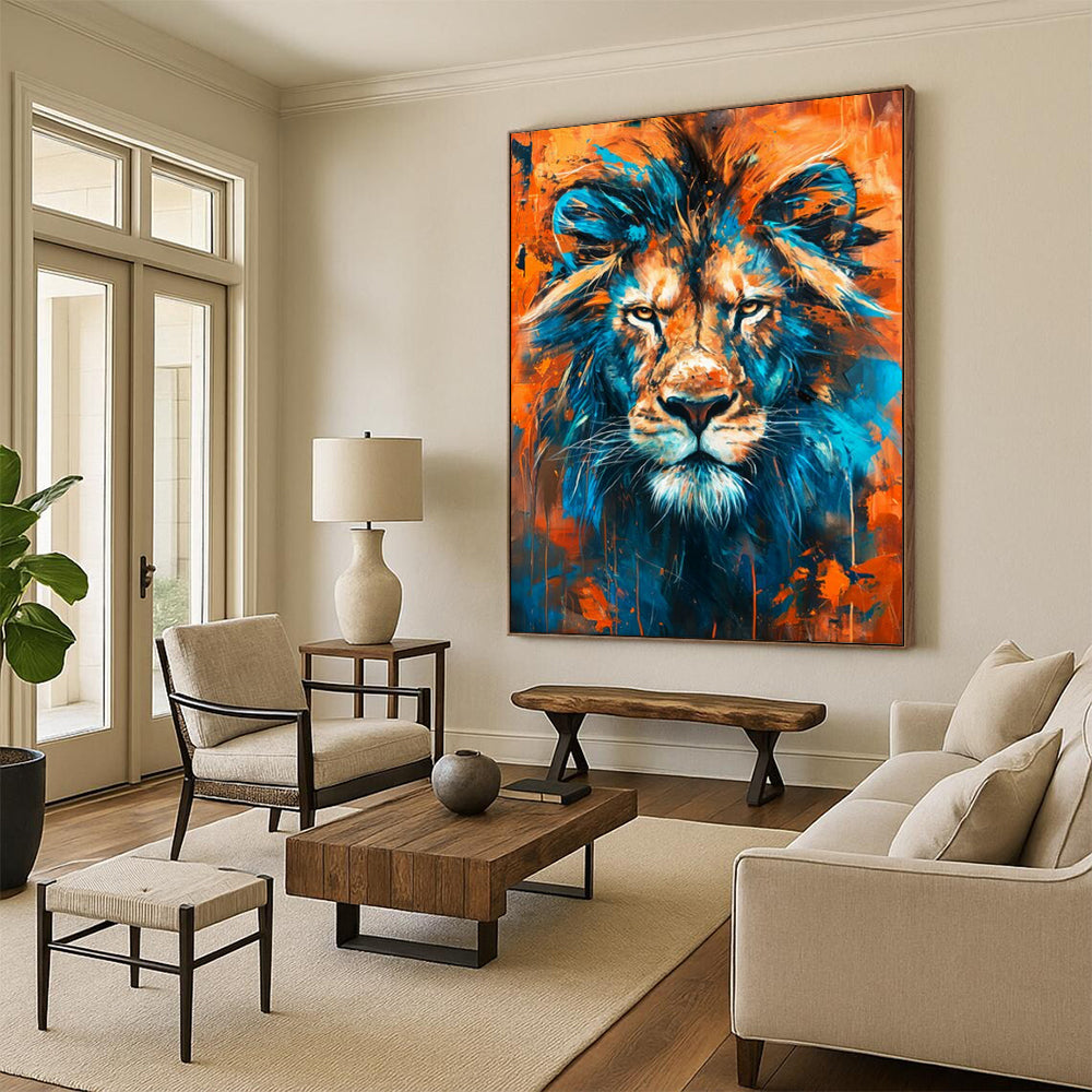 “Vibrant Lion Portrait” - Blue, Orange Dynamic Animal Painting On Canvas CT2212