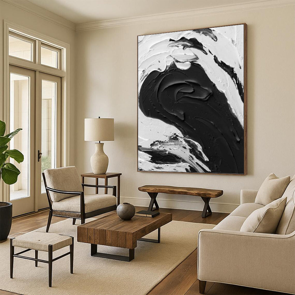 “Dynamic Black - White Wave Impasto” - Abstract Seascape - Inspired Painting On Canvas DKH1679