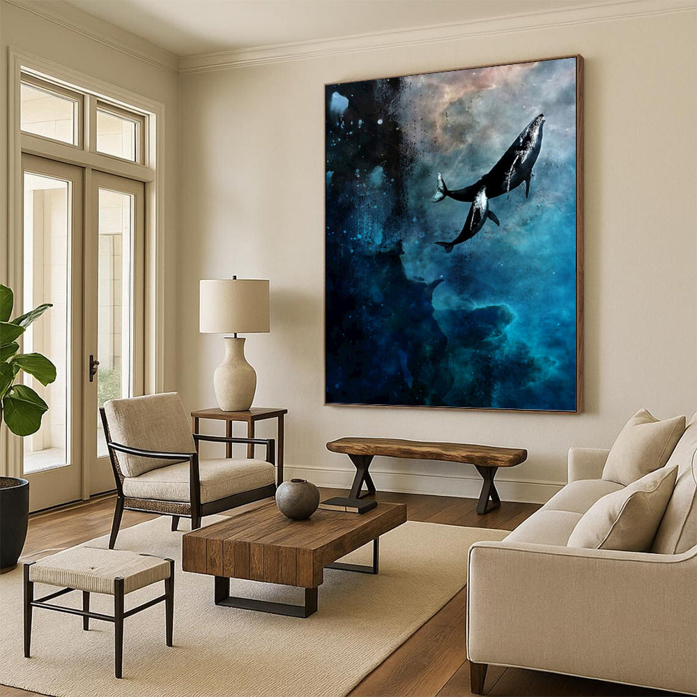 “Cosmic Whale Odyssey” - Blue, Black & White Surrealist - Inspired Painting On Canvas DKH0933