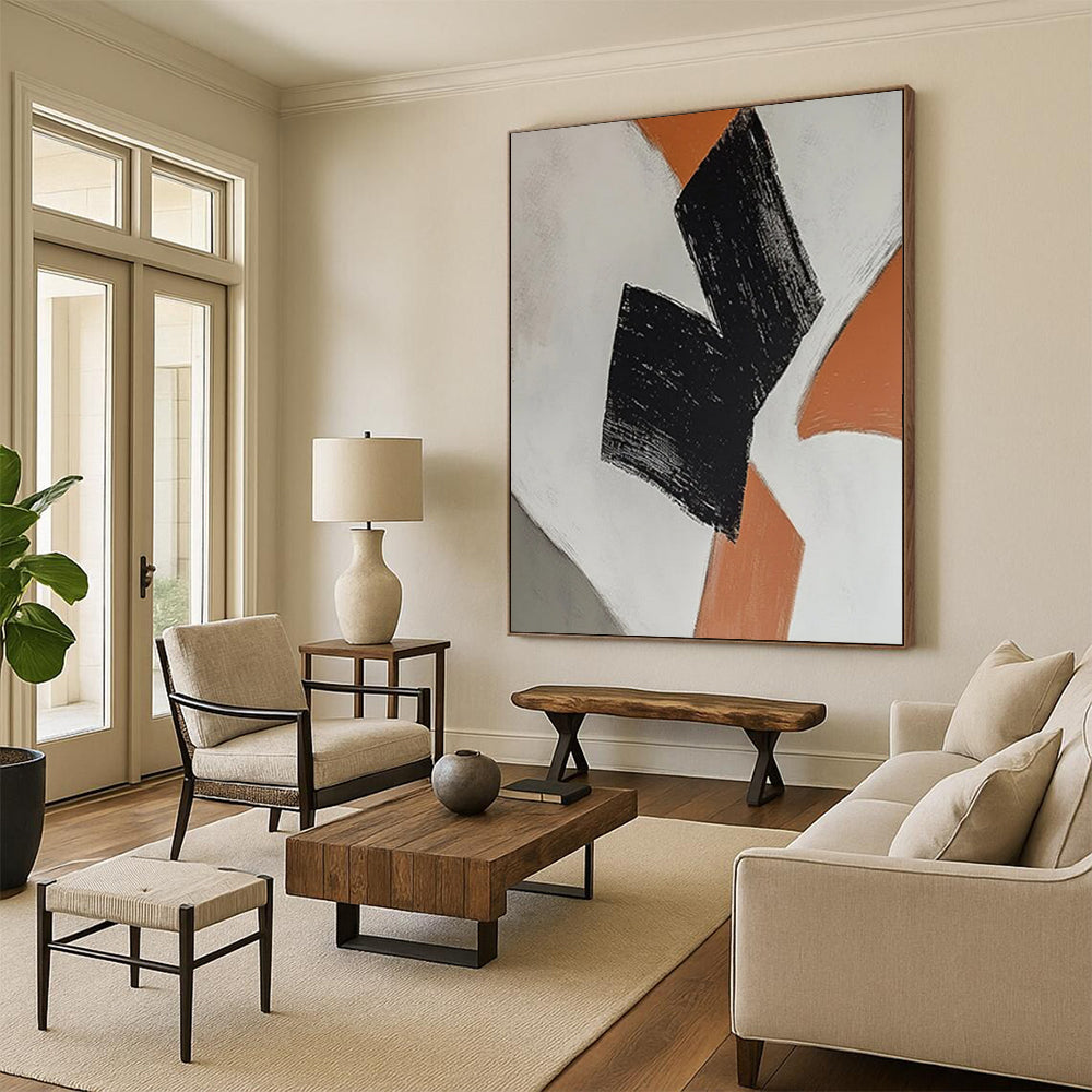 “Black - Orange Geometric Shapes” - Minimalist Abstract Painting On Canvas DTP111