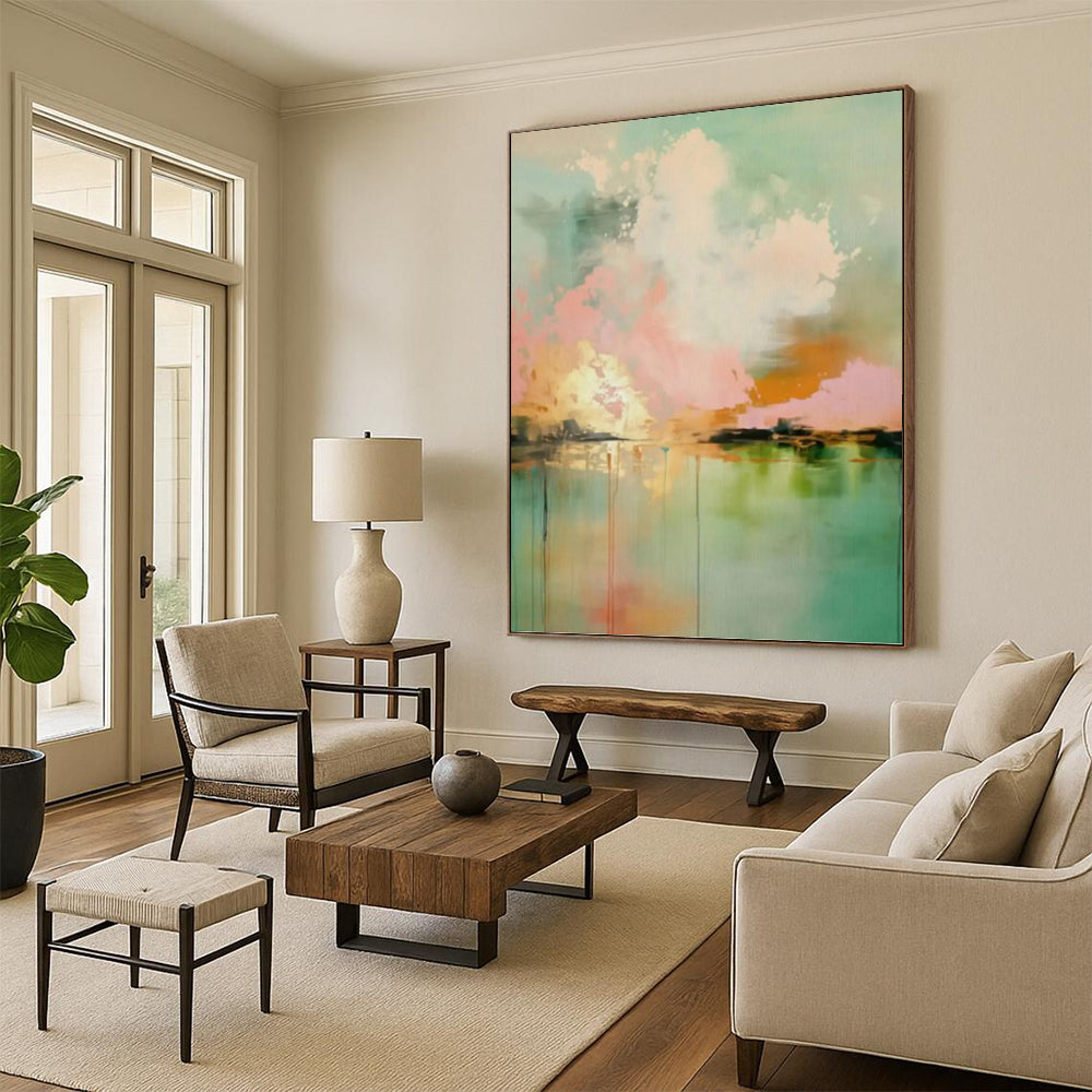 “Teal, Pink & Orange Abstract Sky Reflection” Painting On Canvas DKH0994