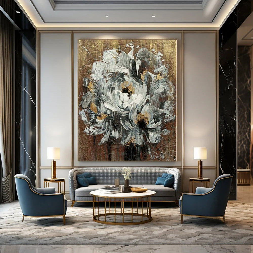“Textured Floral in Gold - Brown” – Impasto Flower Painting CT1194