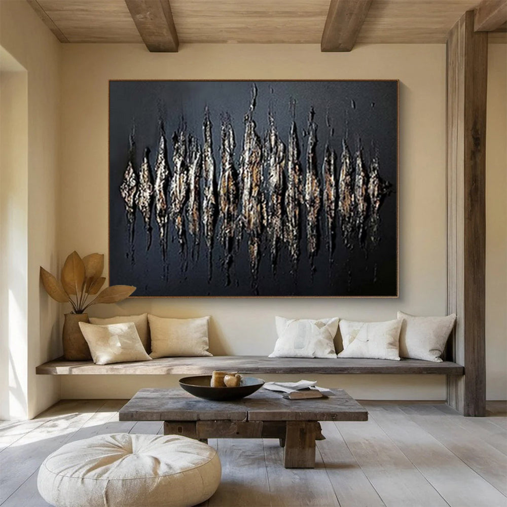 Textured Black and Gold Abstract “Gilded Textured Drama” Painting On Canvas DKH097