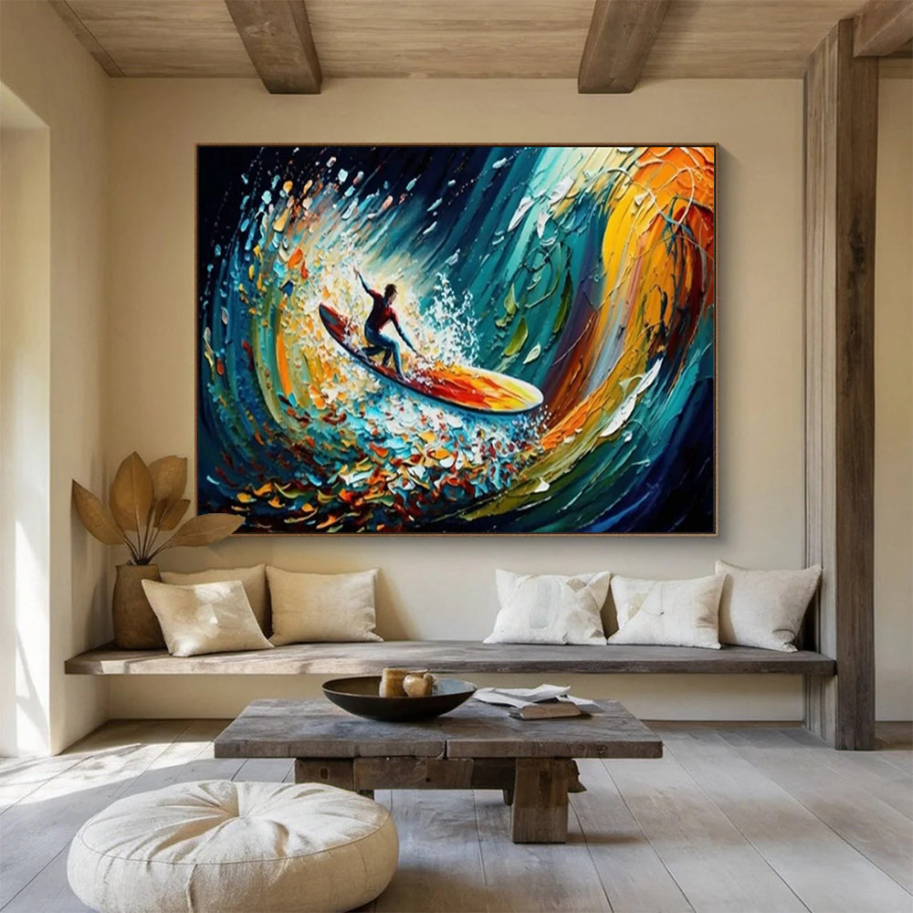 “Surfing the Color Wave” - Vibrant Multicolor Impasto Action Painting On Canvas DLZ259