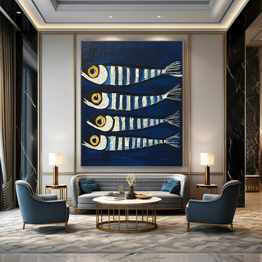 “Striped Fish on Blue” – Naive Art Painting CT1189