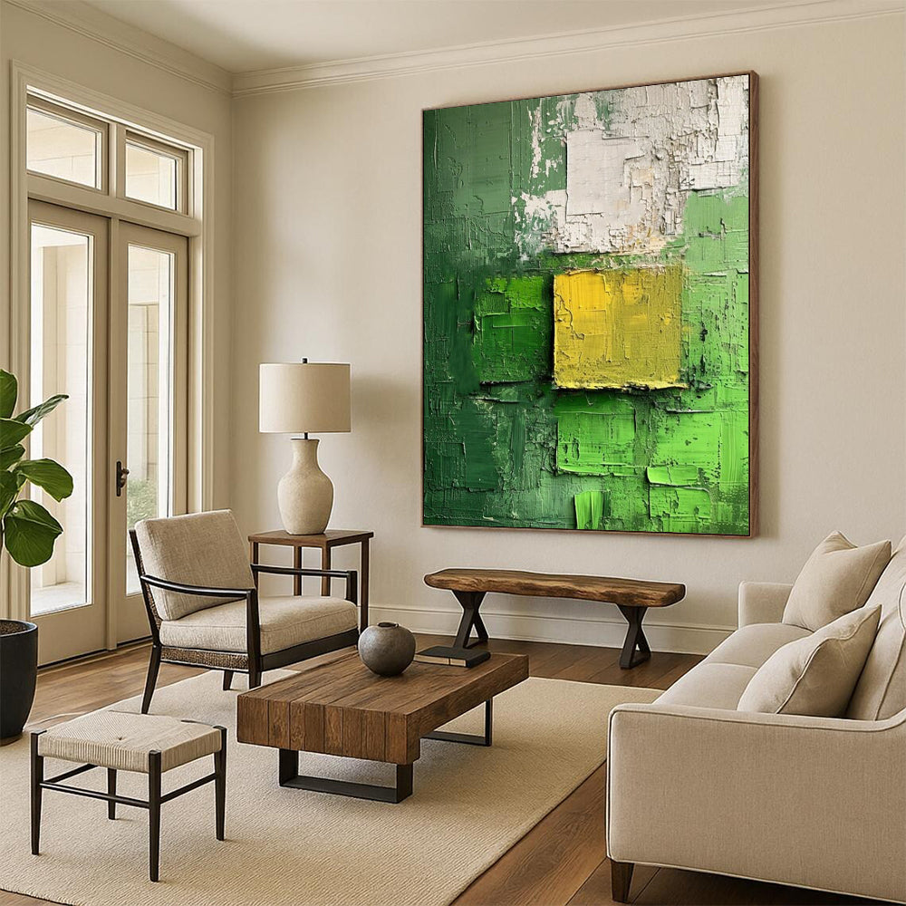 “Green - Yellow Textured Squares” - Impasto Abstract Painting On Canvas DTP029