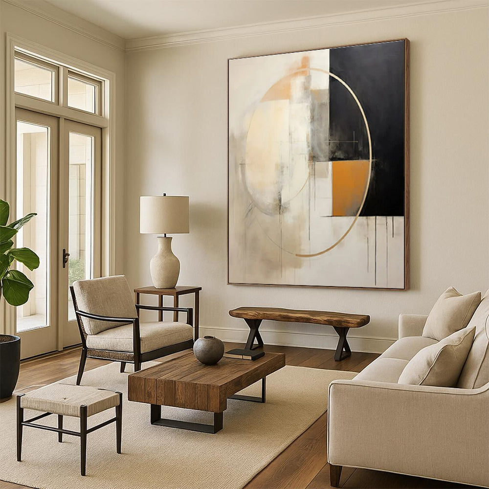 “Beige - Black - Gold Abstract Circles” ,Abstract Acrylic Painting CT0820