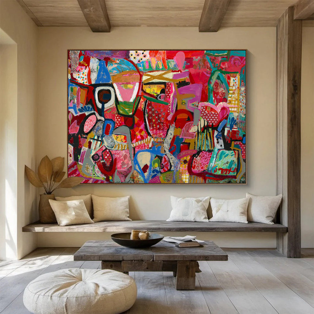 Pink - Dominant Abstract Shapes - Abstract Expressionist Painting On Canvas DLZ239