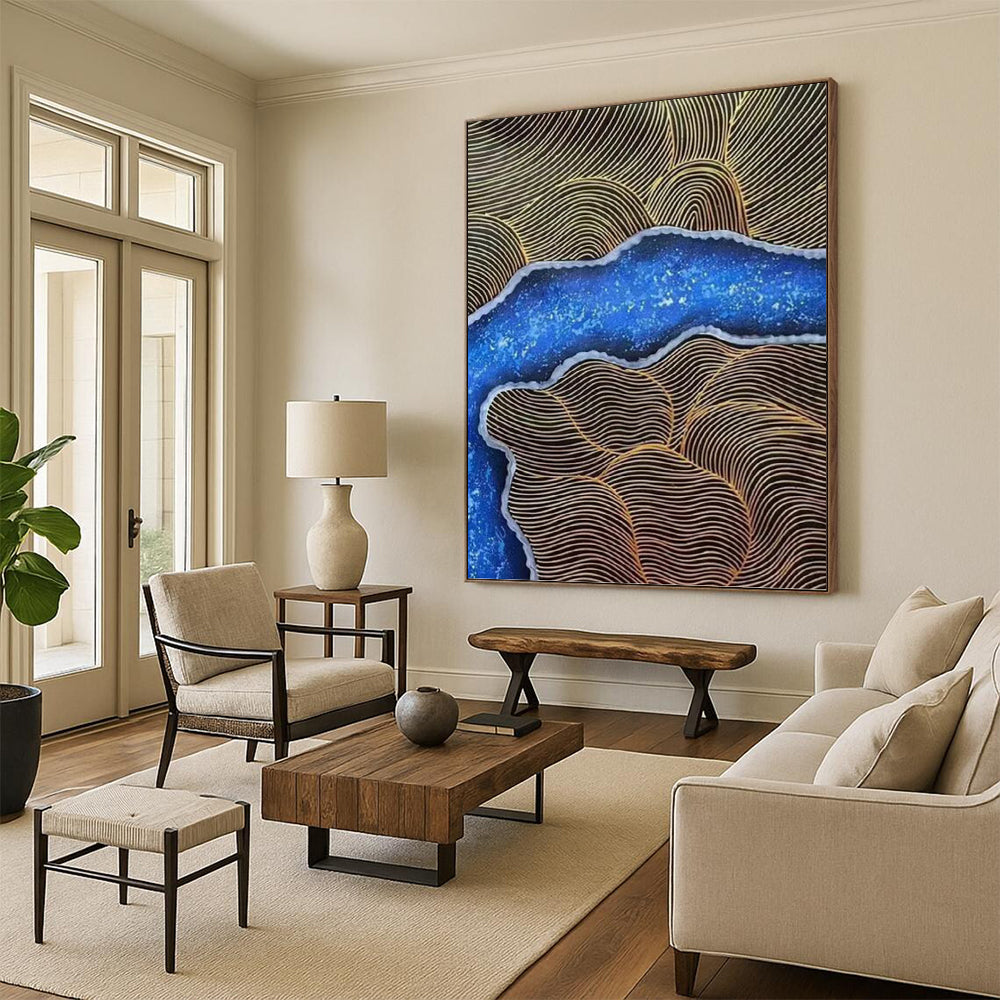 Blue and Gold Wave Abstract - Abstract Painting On Canvas DKH1345
