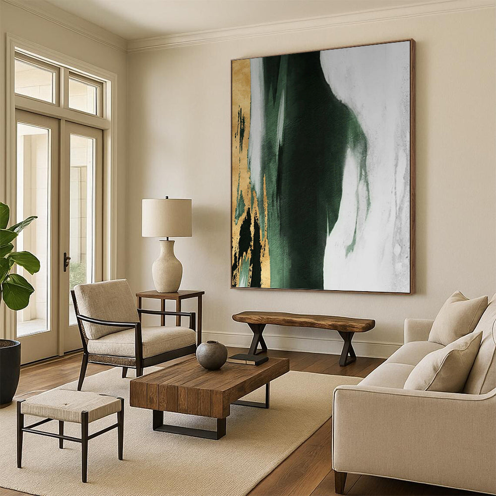 “Gold, Green & White Abstract” - Gold, Green, White & Black Abstract Painting On Canvas DKH1204