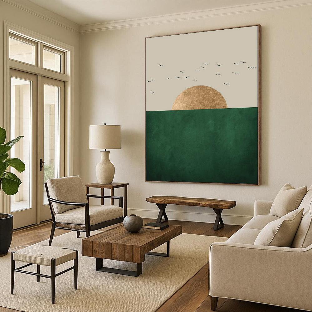 Golden Sun Green Horizon Black Birds Minimalist Nature Inspired Art CT1921