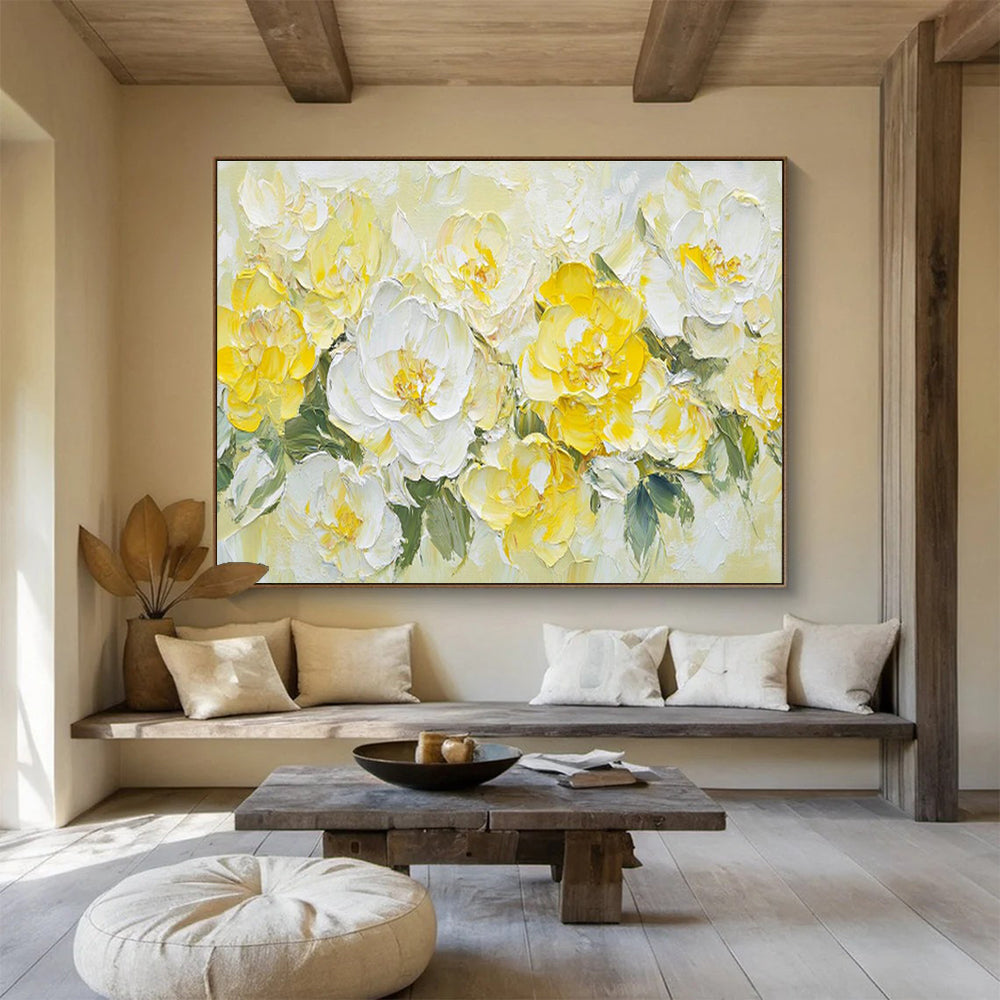 “Sunny Blooms” - Yellow, White Floral Impasto Painting On Canvas DKH696