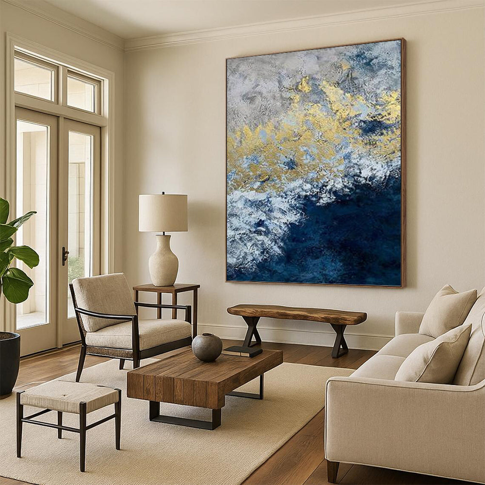 “Gold - Blue Waves” - Blue, Gray & Gold Abstract Ocean - Inspired Painting On Canvas DKH1549
