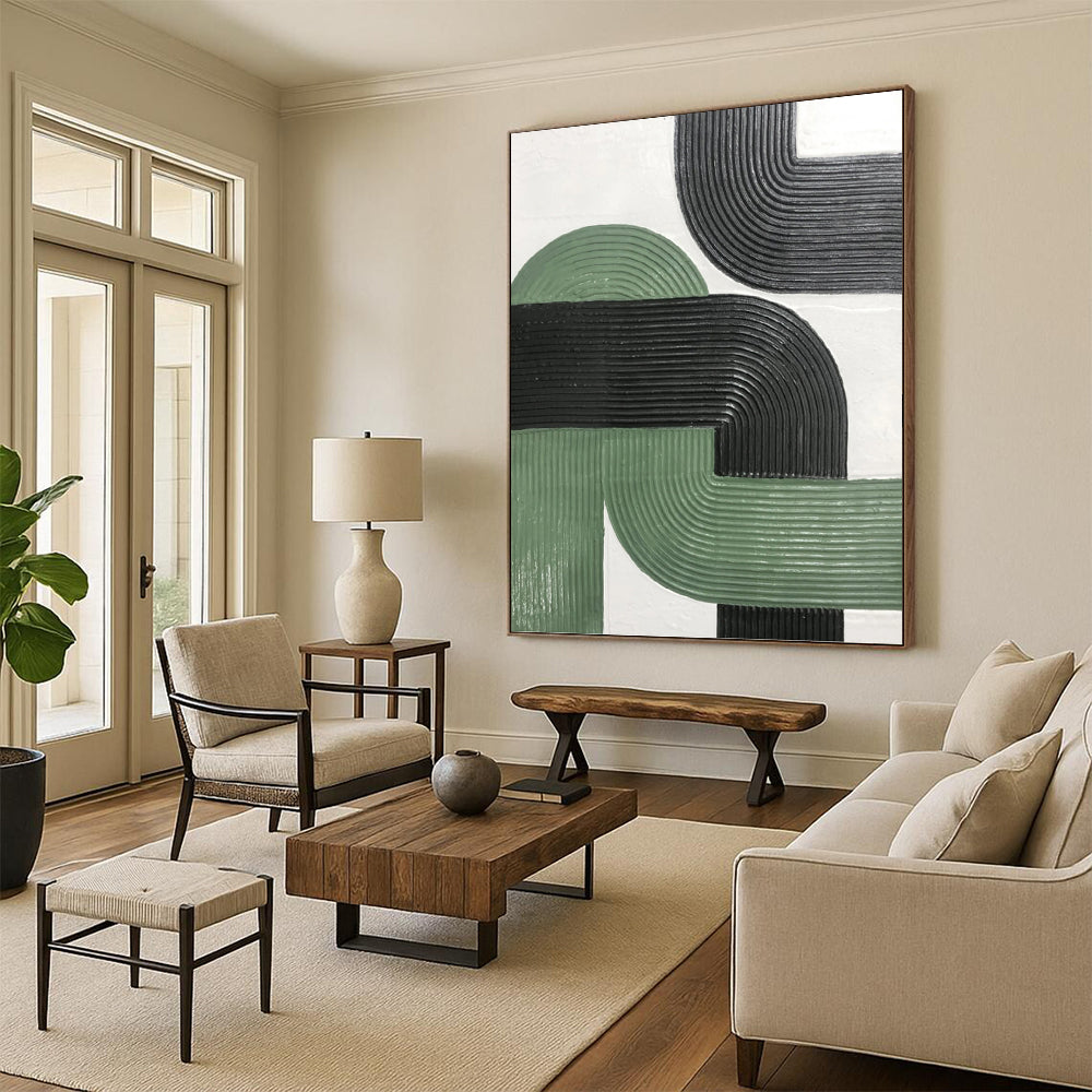 “Intertwined Paths” - Green & Black Ribbed Geometric Painting On Canvas DKH1171
