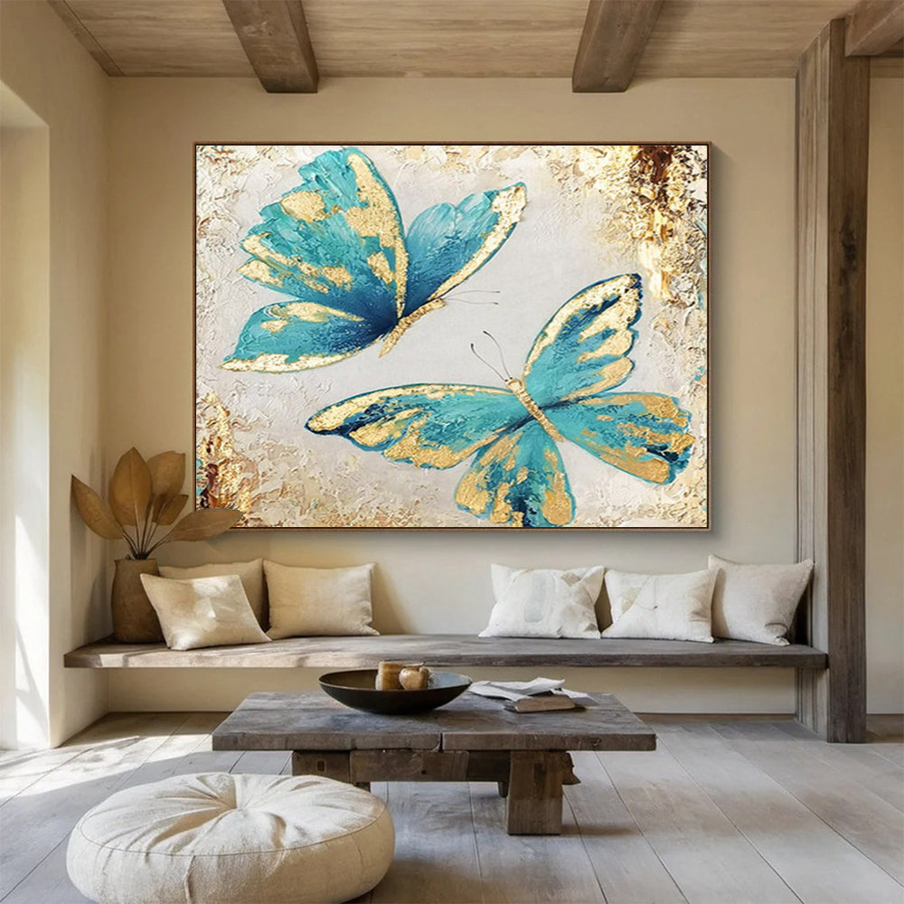“Teal & Gold Butterflies” - Blue, Gold, White Impasto Insect Painting On Canvas DKH734