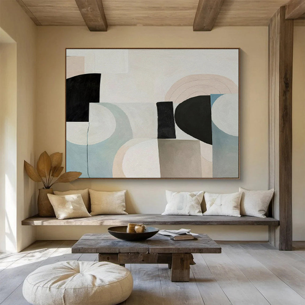 Pastel Geometric Harmony with Beige, Blue, and Black, Abstract Mid - Century - Style Painting On Canvas DKH583