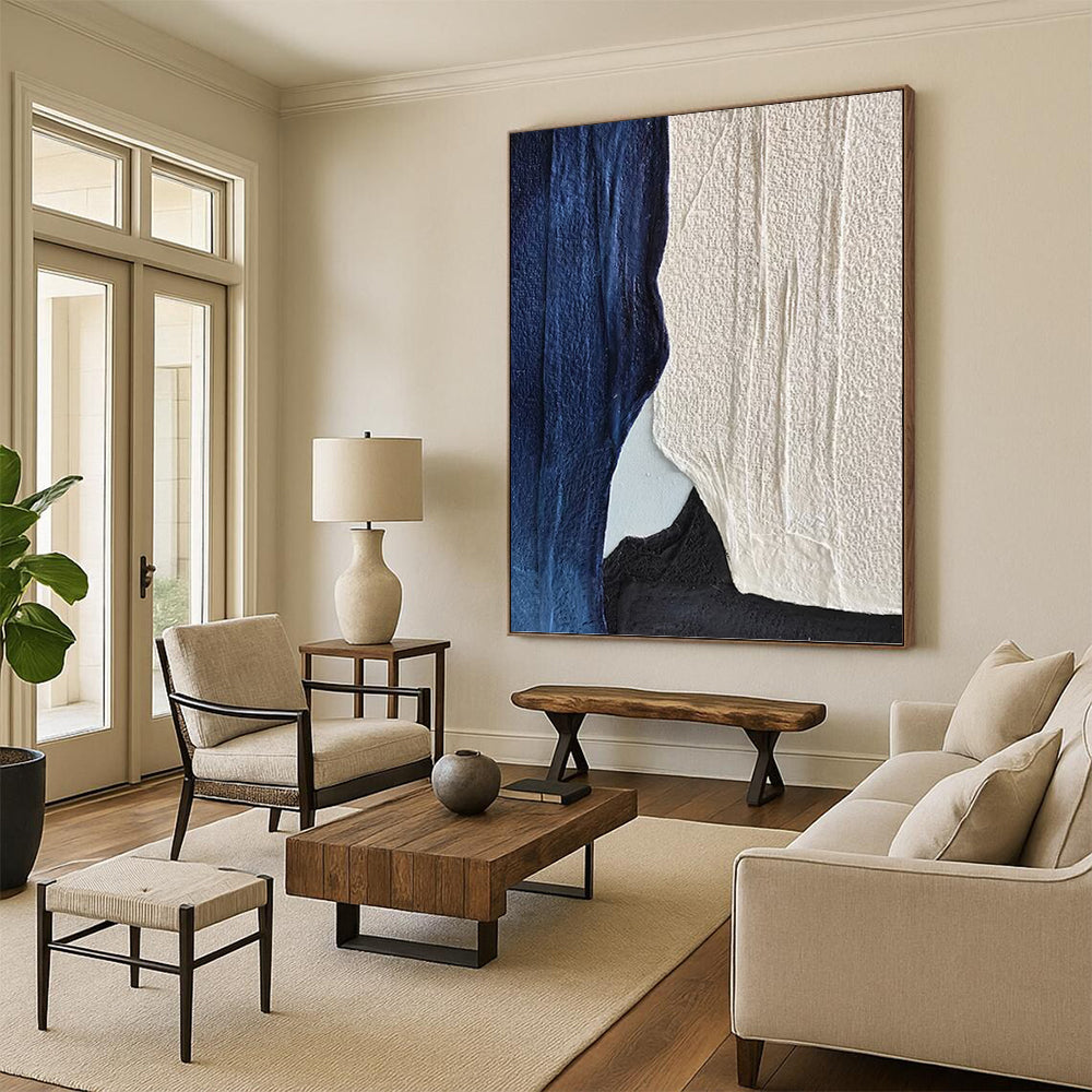 “Indigo & Ivory” - Indigo, Ivory & Black Textured Abstract Shapes Painting On Canvas DKH1547
