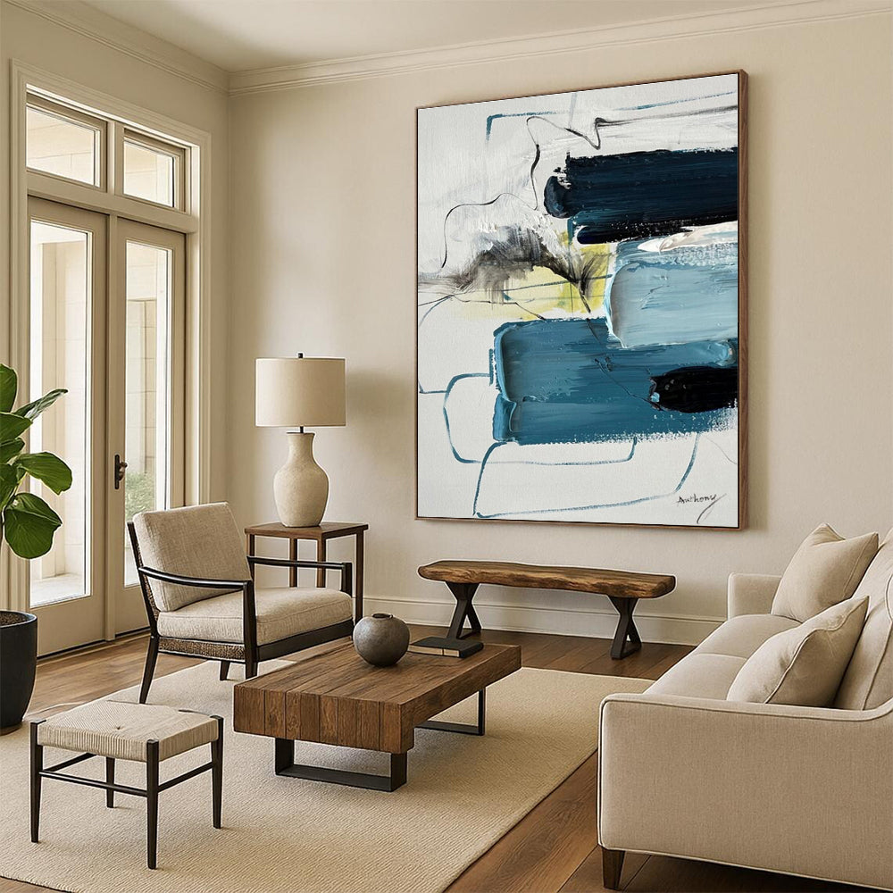 Blue, Black, White & Yellow Abstract Layers, “Oceanic Pulse” - Impasto Abstract Painting CT0779