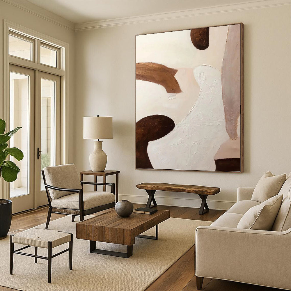 “Soft Form Fusion” - Beige & Brown Organic Shapes Painting On Canvas DKH1164
