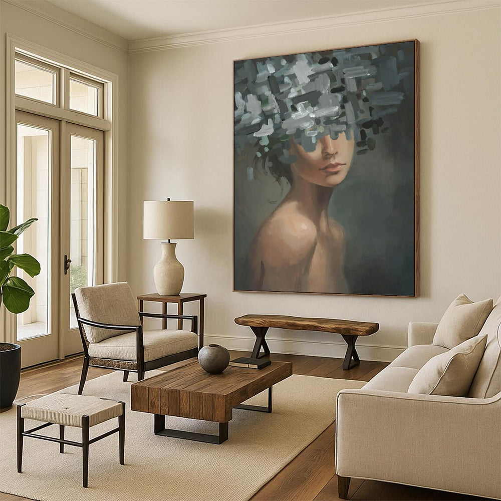 “Gray, Green, White Floral Head ‘Ethereal Veil’” - Figurative Flower Painting On Canvas DTP328