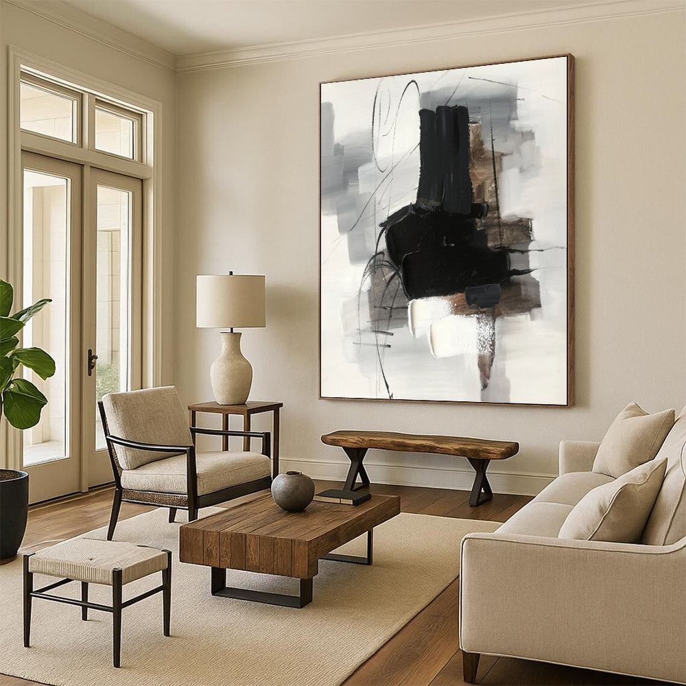 Monochrome Abstract Forms - Minimalist Abstract Painting On Canvas DKH1280