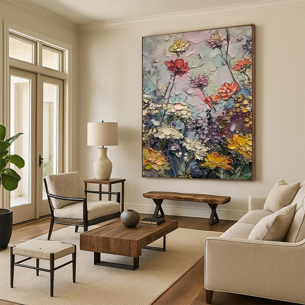 “Textured Colorful Flower Garden” – Impasto Floral Oil Painting On Canvas CT2142