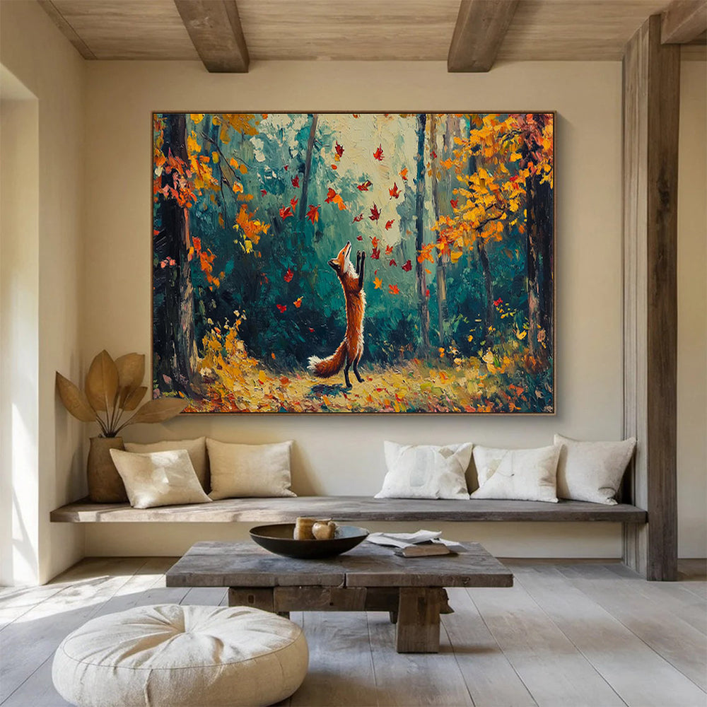 “Autumn Fox Frolic” - Orange, Yellow, Red Forest & Animal Oil Painting On Canvas DKH701