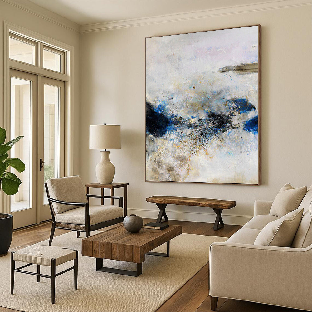 “Soft Storm” - Blue, Gray & Gold Abstract Impasto Painting On Canvas DKH1521