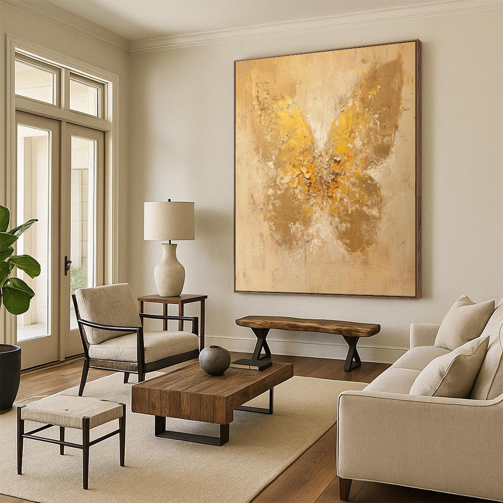 “Textured Gold Butterfly: Abstract Nature Art” - Mixed - Media Impasto on Canvas CT1899
