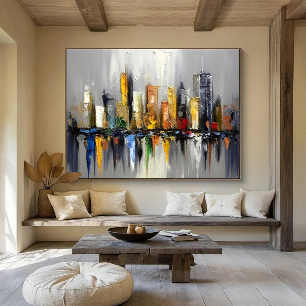 “Colorful Cityscape Reflection” Cityscape Painting On Canvas DLZ067
